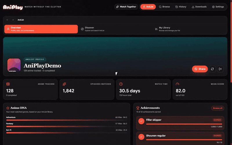 AniPlay interface showcase demonstrating browsing, playback, Watch Together, downloads, and settings